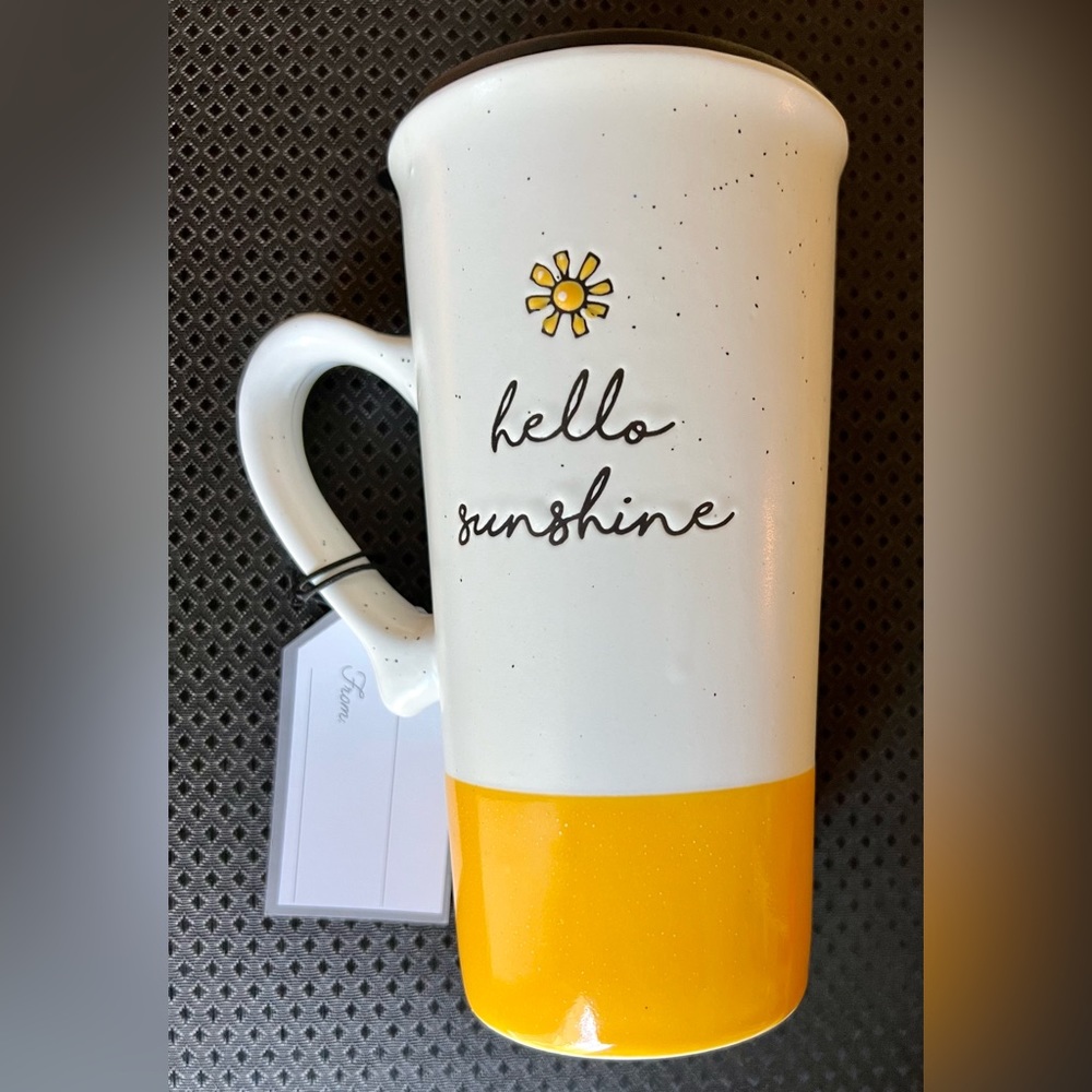 Tall HELLO SUNSHINE Travel Mug - ceramic with plastic lid by Sheffield Home 16oz